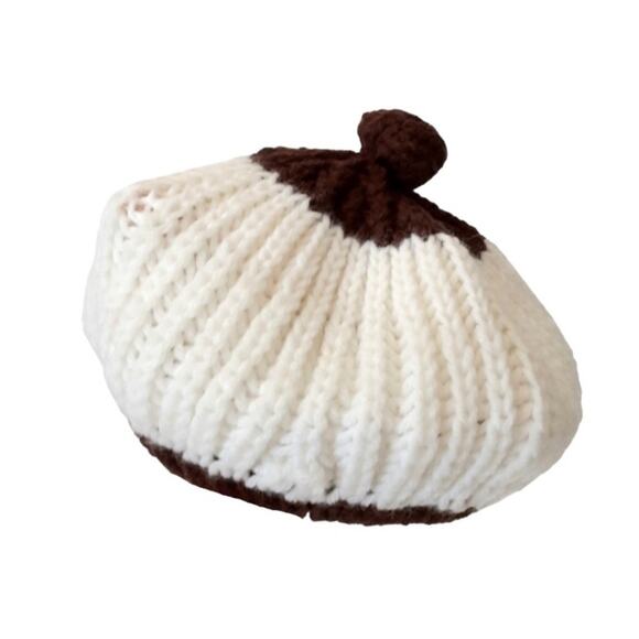 Vintage 70s Crochet Knit Beret w/ Pom Cream Maroon European Handmade Beatnik - Picture 2 of 9